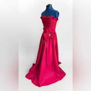Vintage Nadine Formals Tafetta Red Strapless Ruffle Bow Bling Maxi Party Dress 7
